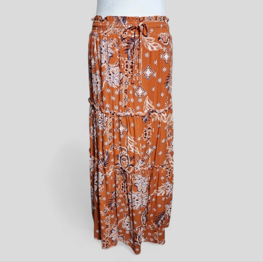Love Tree Rust Floral Tiered Maxi Skirt
